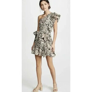 Alexis Mini Dress Safari Medium 6 8 One Shoulder Ruffle Wedding Cocktail $450
